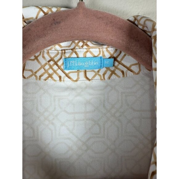 J. McLaughlin Gilchrist Belted Shirt Dress Size M Tan White Geometric Catalina - Picture 4 of 9